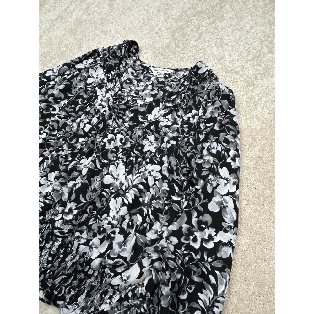 COUNTERPARTS Blouse Women's L Black White Gray Floral Smocked Long Sleeve Top